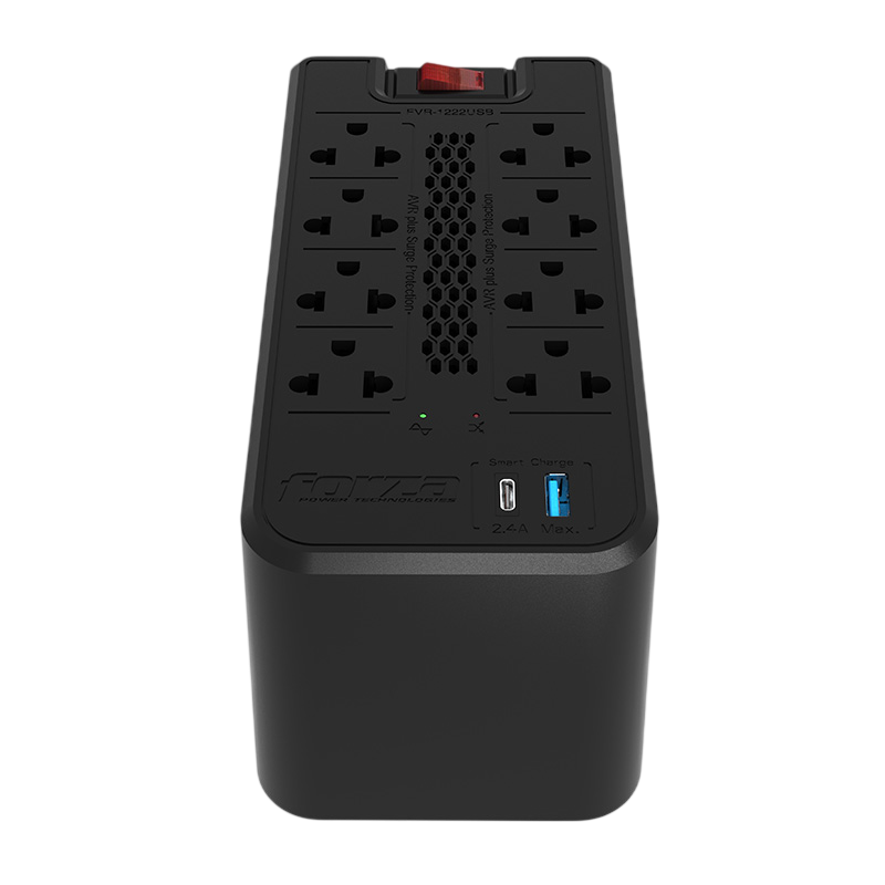 Estabilizador FORZA FVR-1222USB | 1200VA, 8x Tomas + 1x USB-A + 1x USB-C